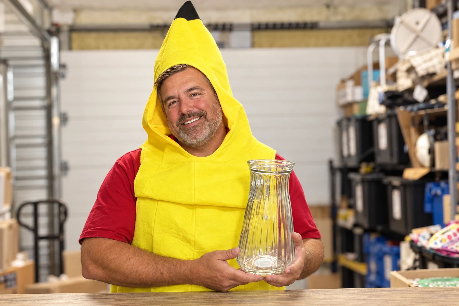 Big J smiling in a banana costume and sharing a glass pitcher
